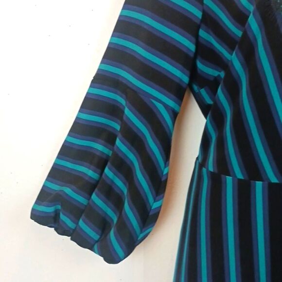 ISAAC MIZRANI Teal / black stripped long-sleeve V-neck Boho wrap midi dress L - Picture 6 of 14